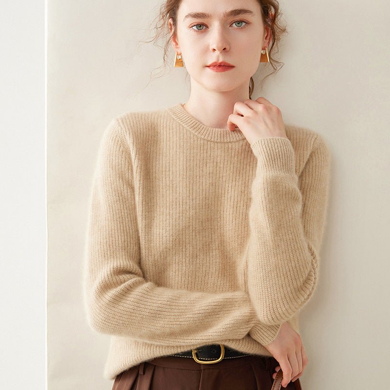 Womens Crew Neck Cashmere Sweater Ribbed Texture Cashmere Pullover Camel XS