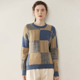 Womens Crew Neck Cashmere Sweater Warm Plaid Cashmere Knit Pullover