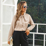 Womens Silk Blouse Long Sleeve Bow - tie Neck Silk Shirts
