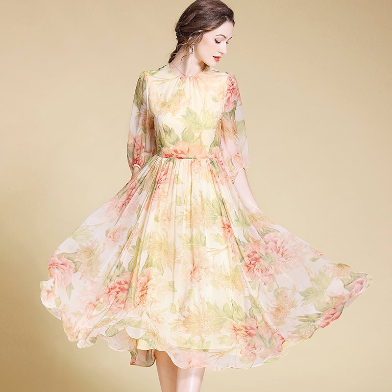Womens Elegant Floral Silk Midi Dress with Sheer Sleeves Long Silk Dresses Gold XS