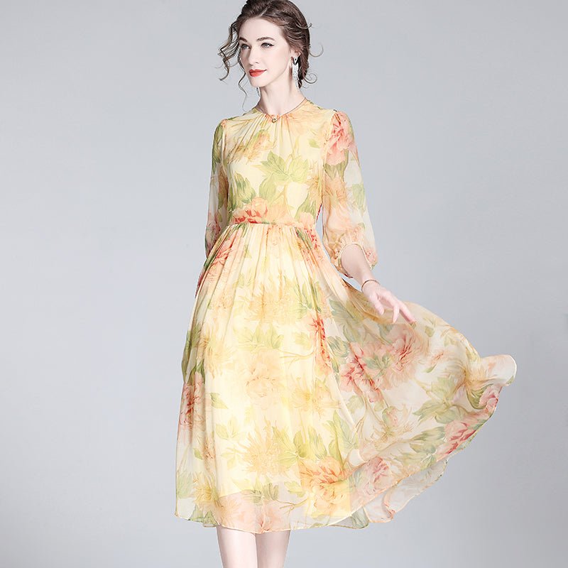 Womens Elegant Floral Silk Midi Dress with Sheer Sleeves Long Silk Dresses Gold XS