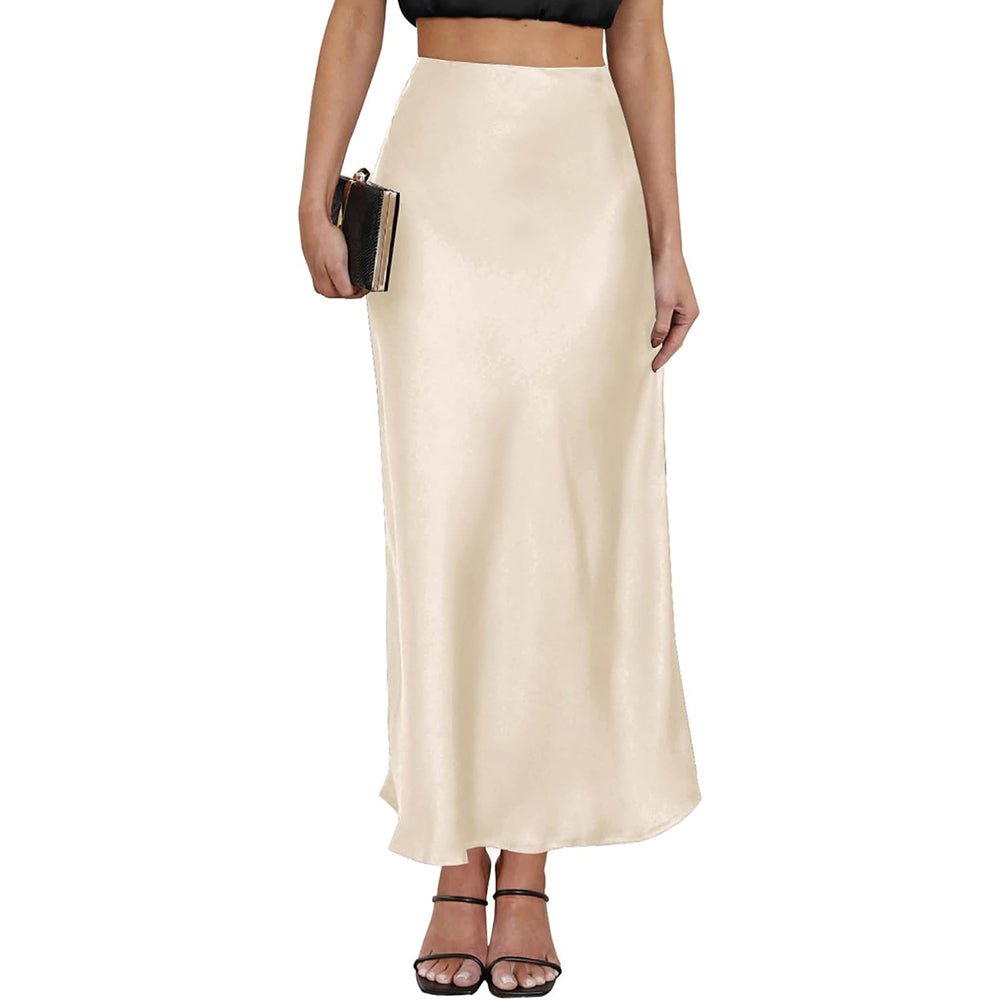 Womens Elegant Flow Silk Maxi Skirt High Waist Silk Dress Champagne XS