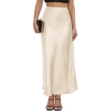 Womens Elegant Flow Silk Maxi Skirt High Waist Silk Dress Champagne XS
