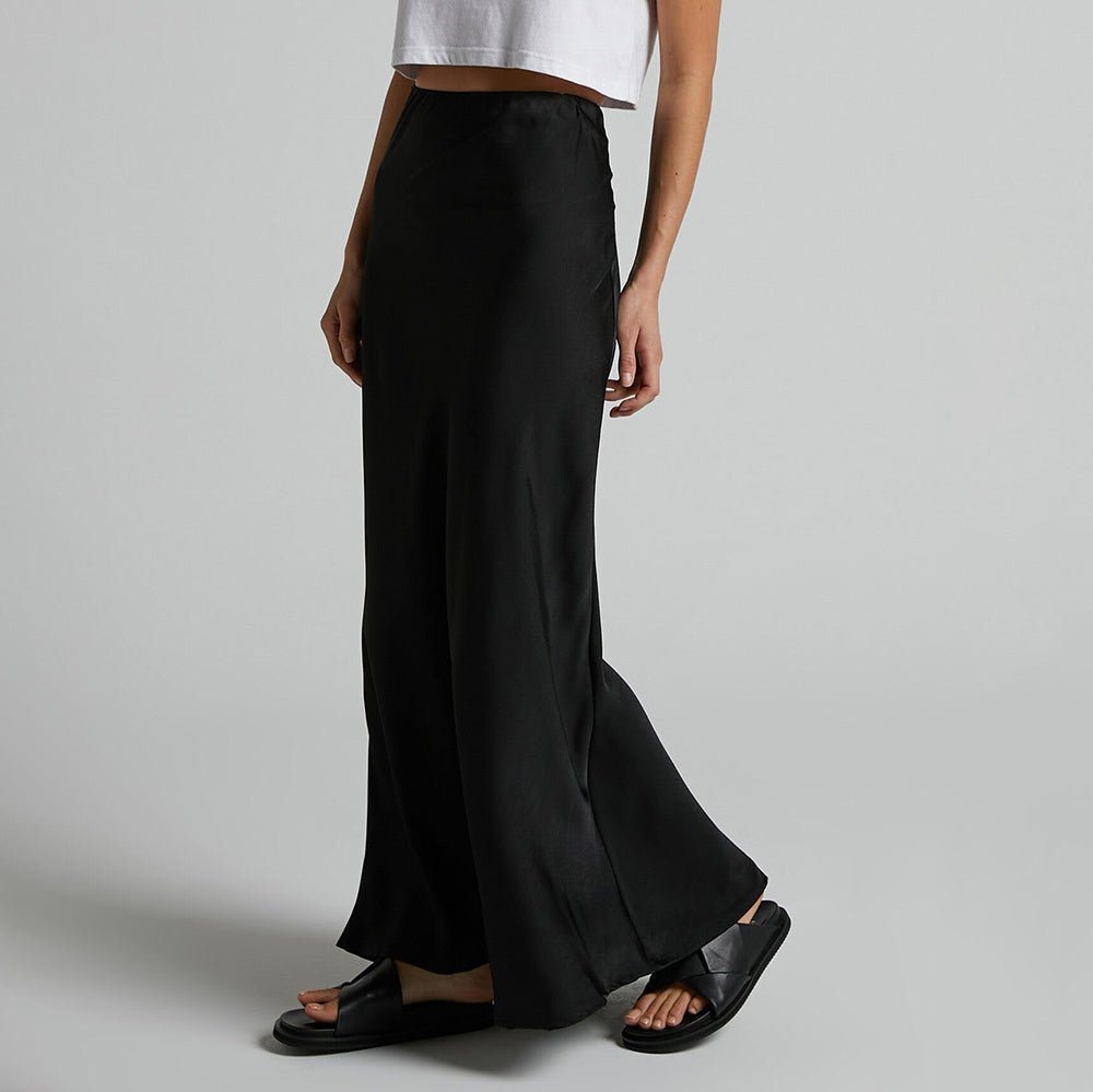 Womens Elegant Flow Silk Maxi Skirt High Waist Silk Dress Black XS