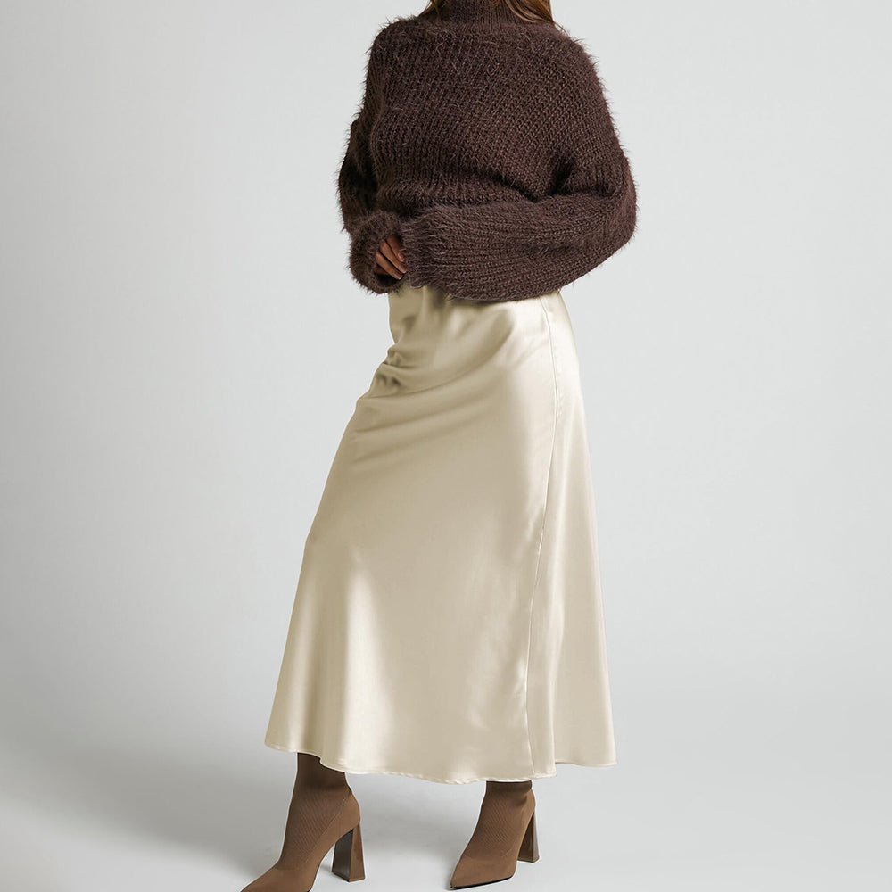 Womens Elegant Flow Silk Maxi Skirt High Waist Silk Dress Champagne XS