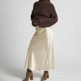 Womens Elegant Flow Silk Maxi Skirt High Waist Silk Dress Champagne XS