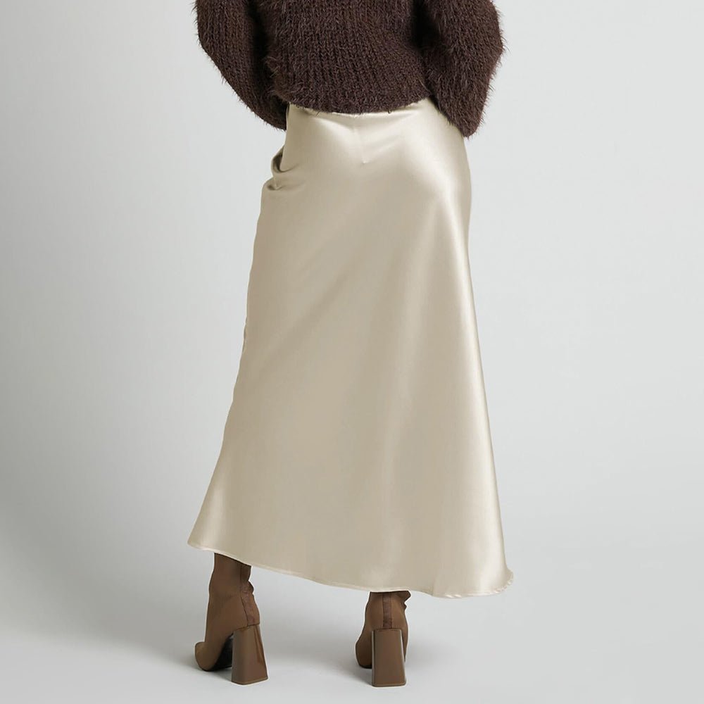 Womens Elegant Flow Silk Maxi Skirt High Waist Silk Dress Champagne XS