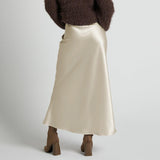 Womens Elegant Flow Silk Maxi Skirt High Waist Silk Dress Champagne XS