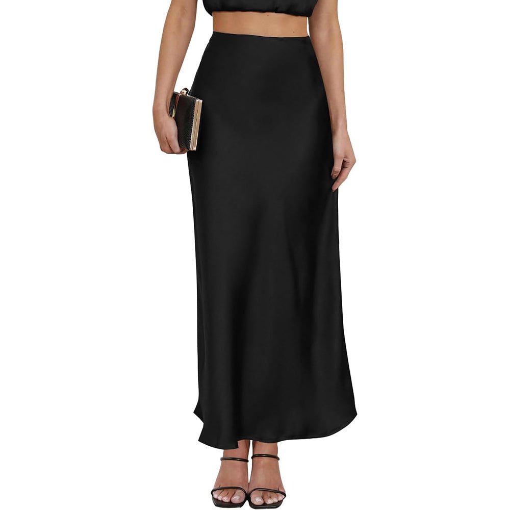 Womens Elegant Flow Silk Maxi Skirt High Waist Silk Dress Black XS