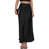 Womens Elegant Flow Silk Maxi Skirt High Waist Silk Dress Black XS