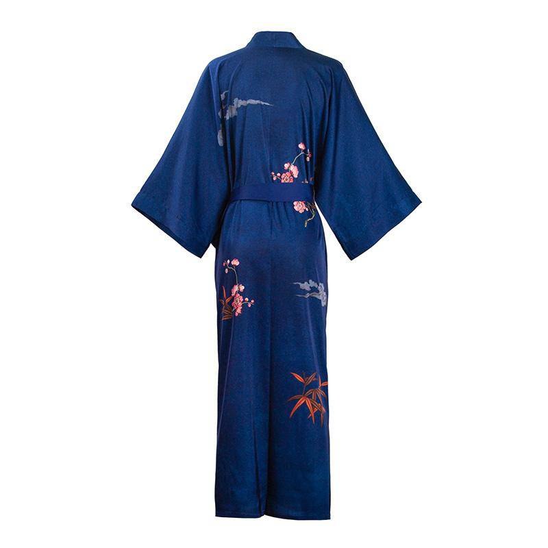womens floral pure Silk Kimono Robes 100% Mulberry Silk Bathrobe Navy Blue One size fits most