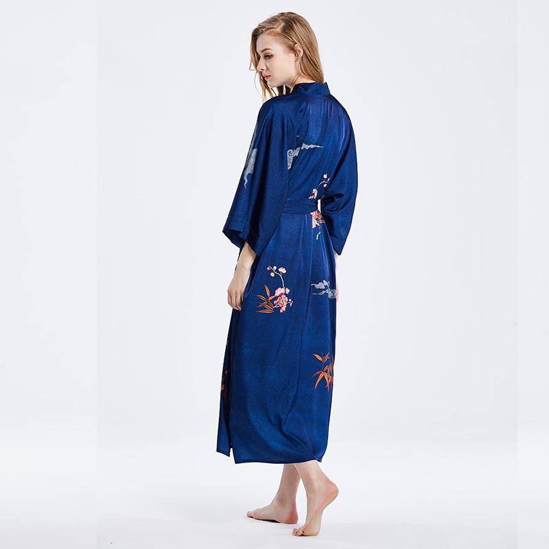 womens floral pure Silk Kimono Robes 100% Mulberry Silk Bathrobe Navy Blue One size fits most