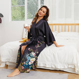 Women's Floral Print Pure Silk Kimono Robes Black One size fits most