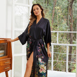 Women's Floral Print Pure Silk Kimono Robes Black One size fits most