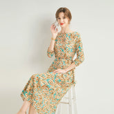 Womens Floral Silk Chiffon Midi Dress Boat Neck Flutter Sleeve Silk Dress