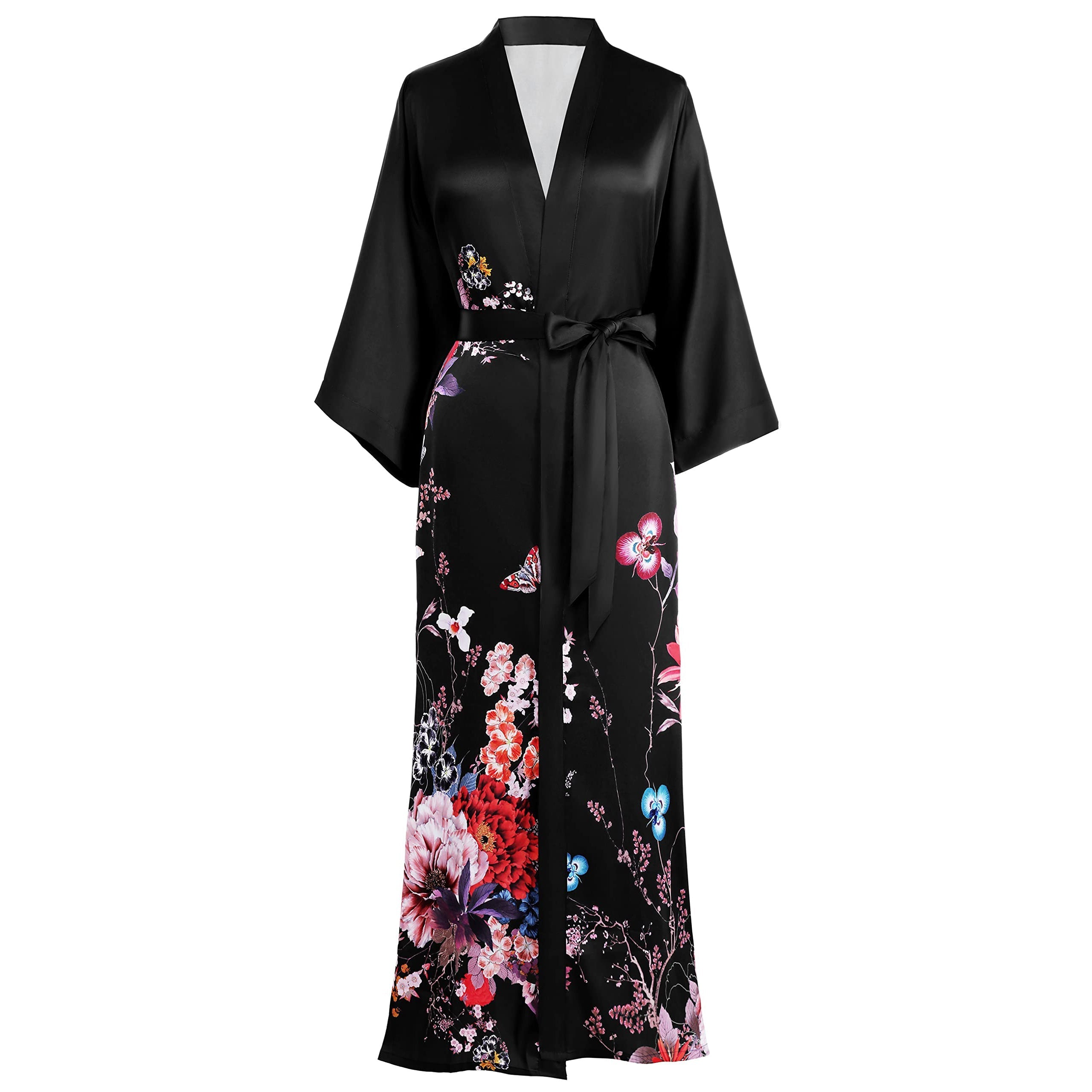 Women's Full Length Floral Print Silk Kimono Robes