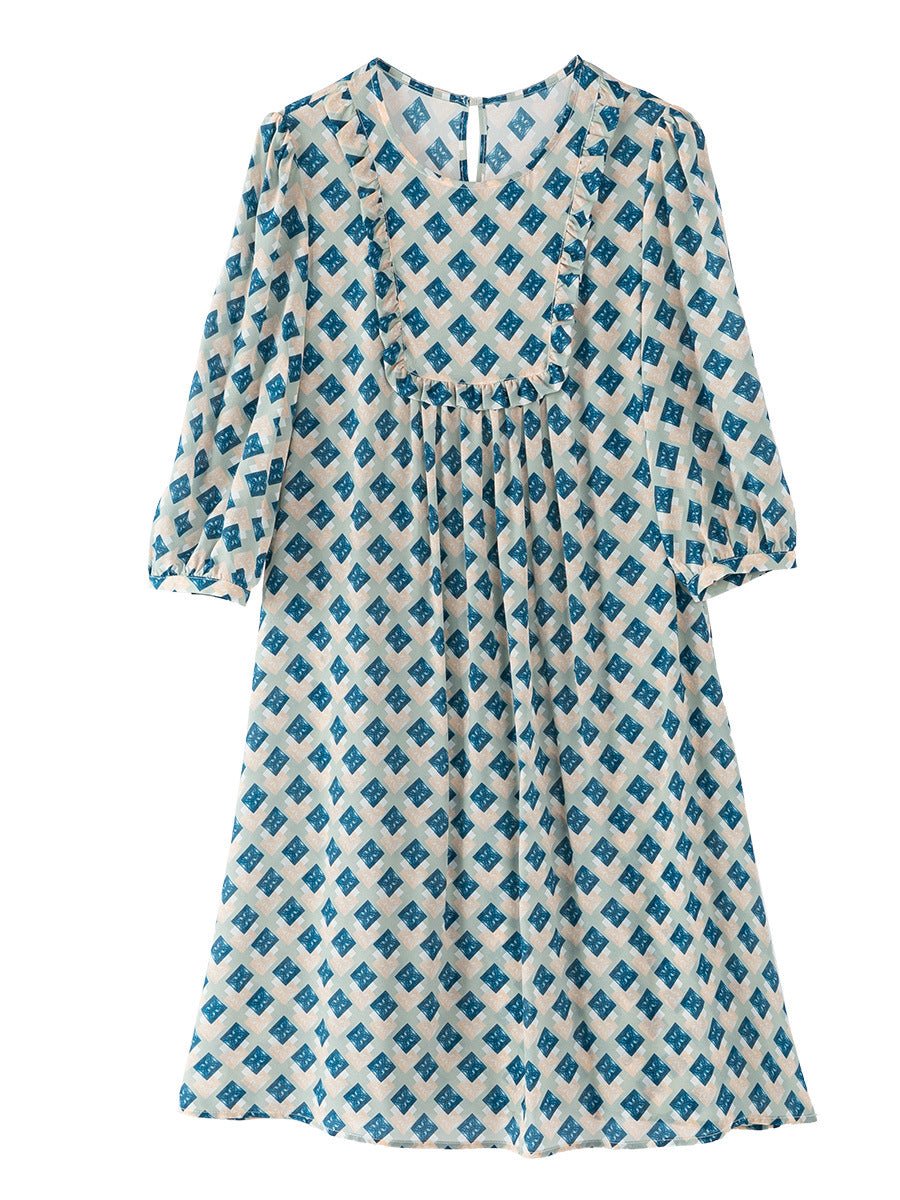 Womens Geometric Print Silk Mini Dress with Ruffle Detail Blue S