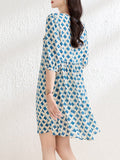 Womens Geometric Print Silk Mini Dress with Ruffle Detail Blue S