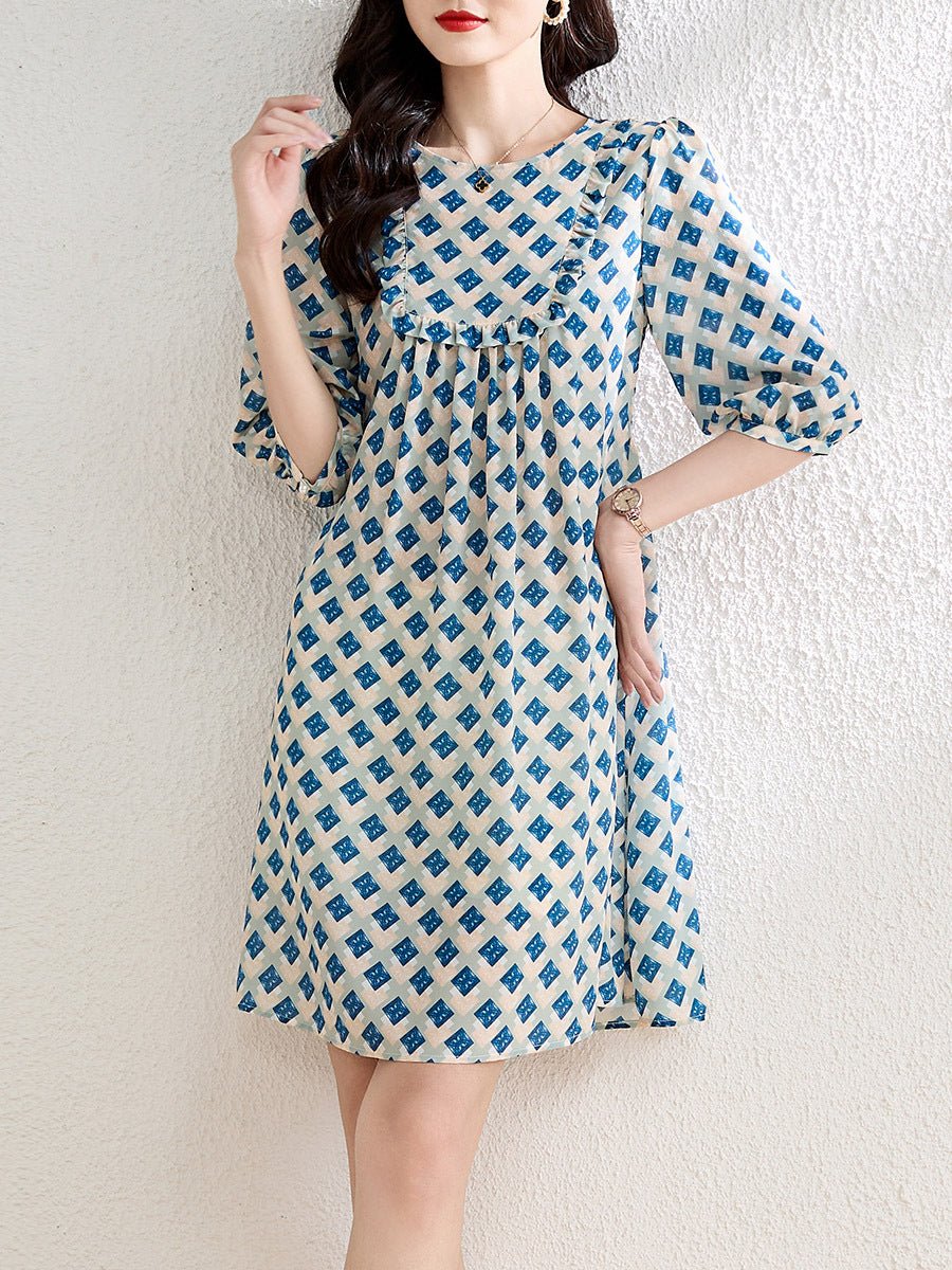 Womens Geometric Print Silk Mini Dress with Ruffle Detail Blue S