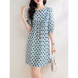 Womens Geometric Print Silk Mini Dress with Ruffle Detail Blue S