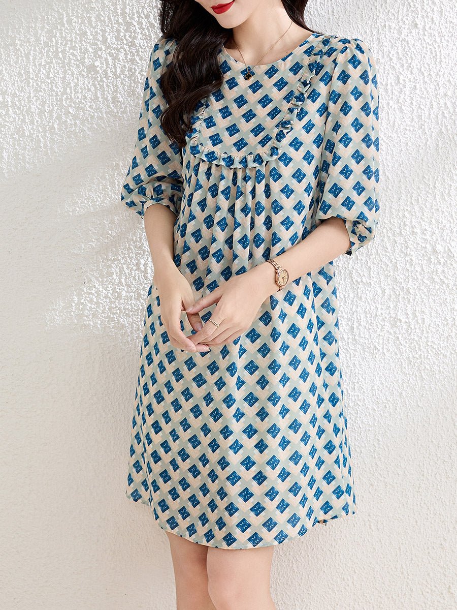 Womens Geometric Print Silk Mini Dress with Ruffle Detail Blue S