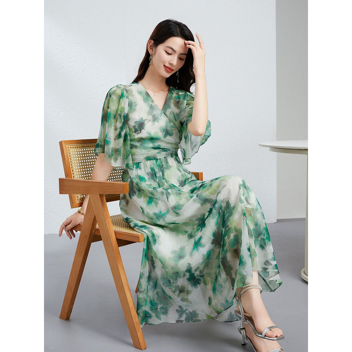Womens Green Silk Chiffon Dress Silk Maxi Dress Silk Floral Dress Green XS