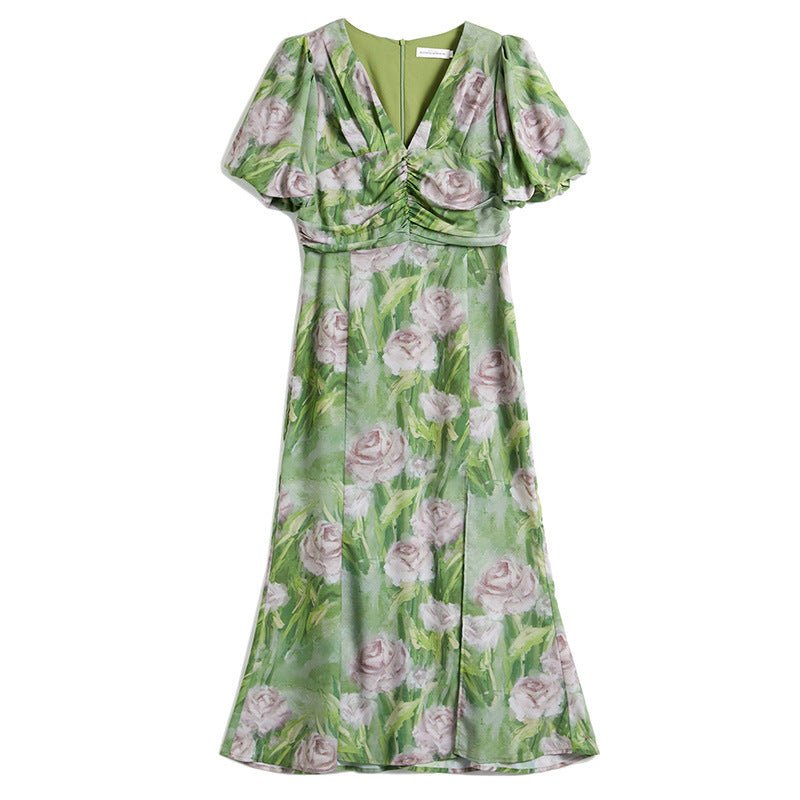Womens Green Silk Floral Ruched Maxi Dress Slit Silk Dresses Green XS