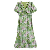 Womens Green Silk Floral Ruched Maxi Dress Slit Silk Dresses Green XS
