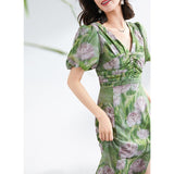 Womens Green Silk Floral Ruched Maxi Dress Slit Silk Dresses Green XS