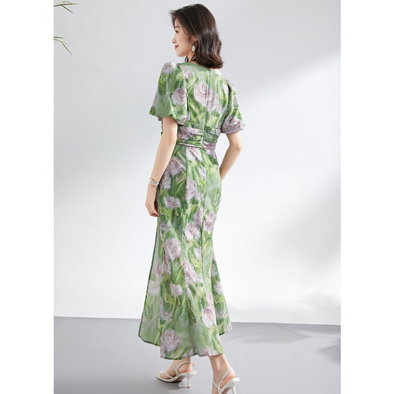 Womens Green Silk Floral Ruched Maxi Dress Slit Silk Dresses Green XS