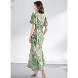 Womens Green Silk Floral Ruched Maxi Dress Slit Silk Dresses Green XS