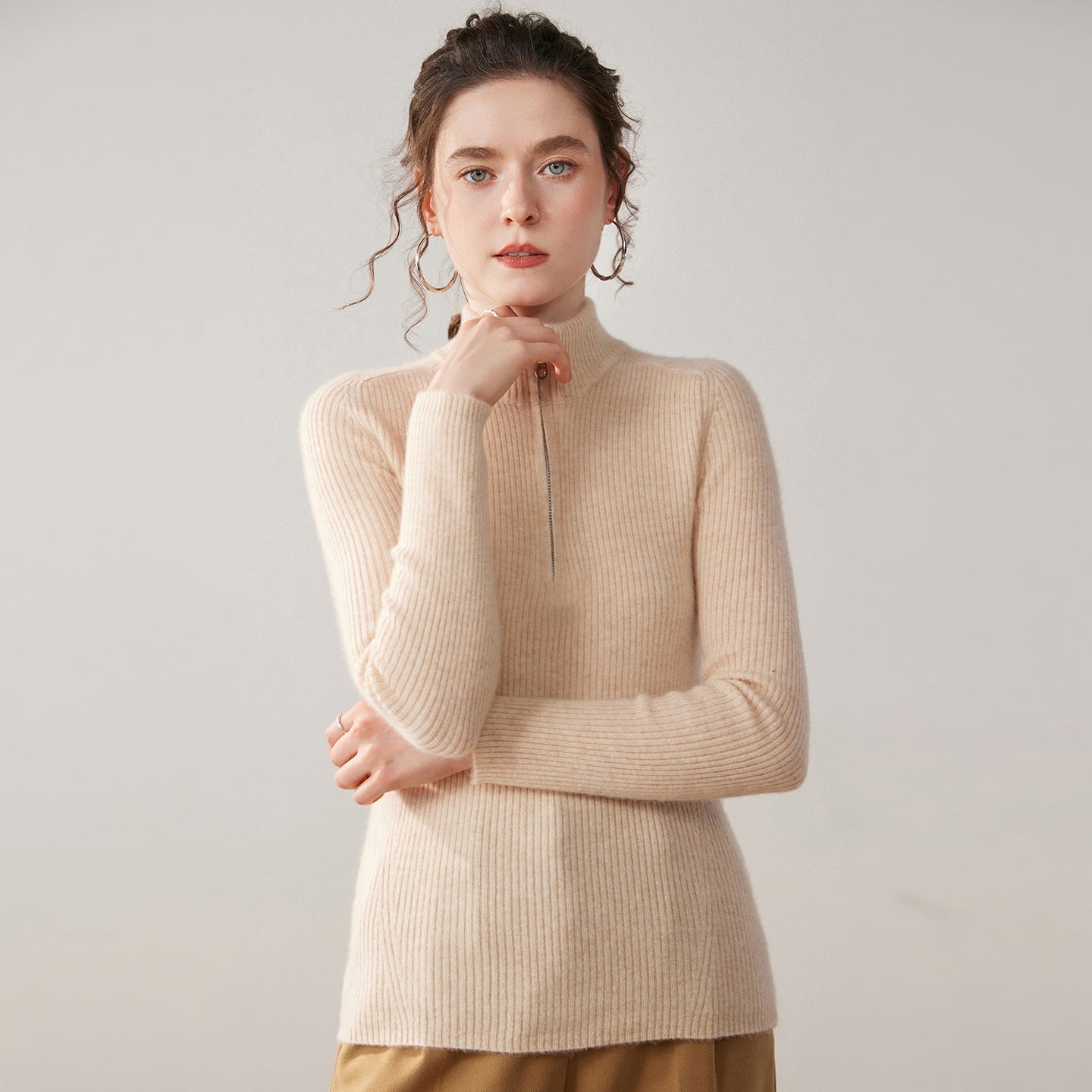 Womens Half-Zip Cashmere Sweater Mock Neck Ribbed Cashmere Pullover Beige XS