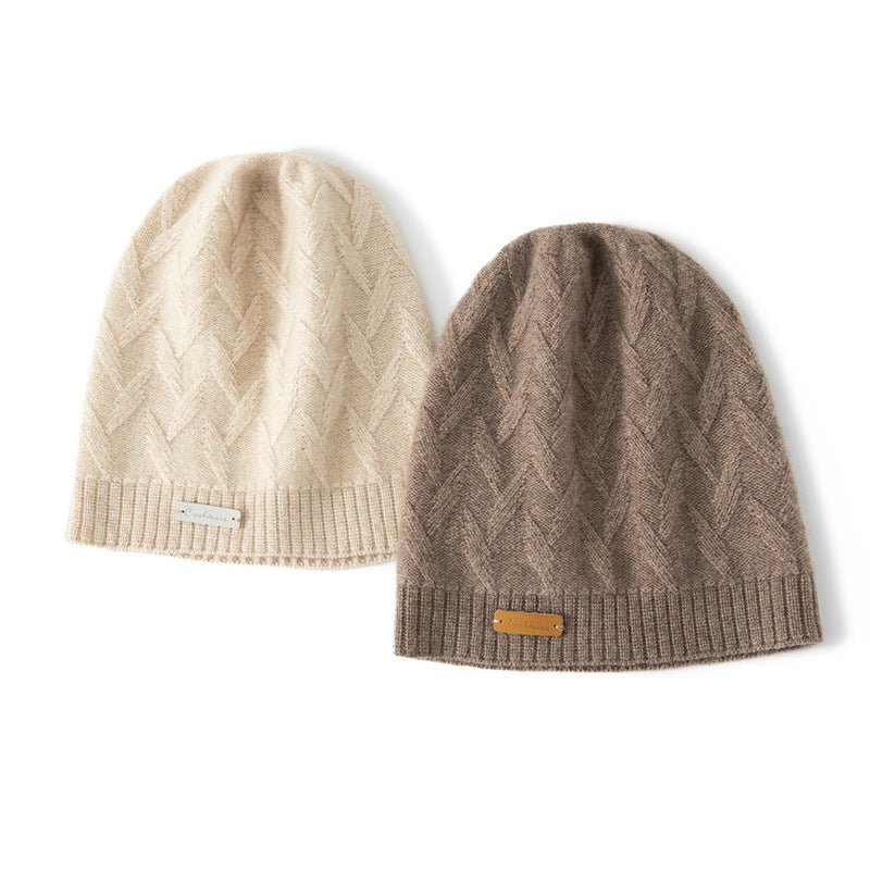 Womens Herringbone Knit Pure Cashmere Beanie Ribbed Edge Cashmere Hat