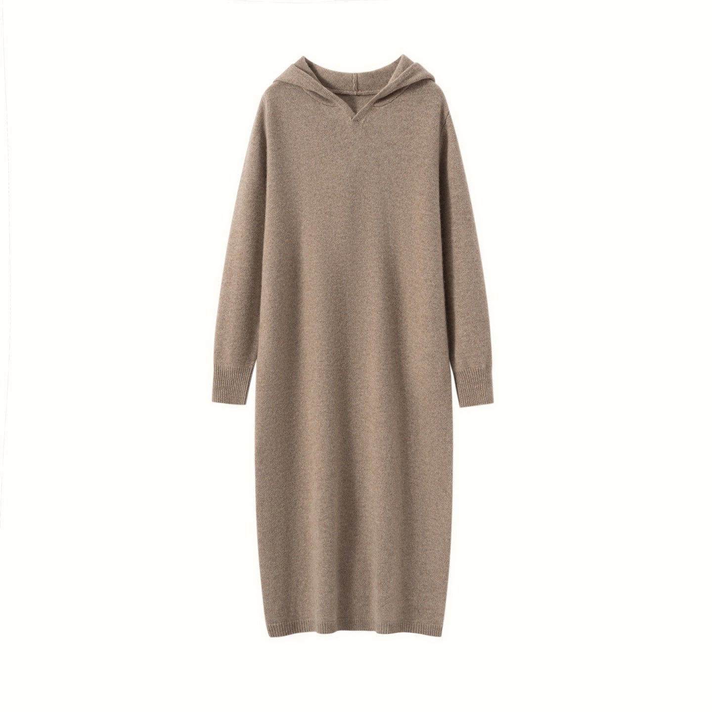 Womens Hooded Cashmere Sweater Dress Long Sleeve Cashmere Midi Dress Taupe XS