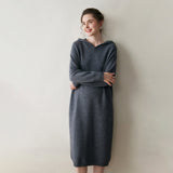 Womens Hooded Cashmere Sweater Dress Long Sleeve Cashmere Midi Dress Gray XS