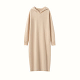 Womens Hooded Cashmere Sweater Dress Long Sleeve Cashmere Midi Dress Beige XS