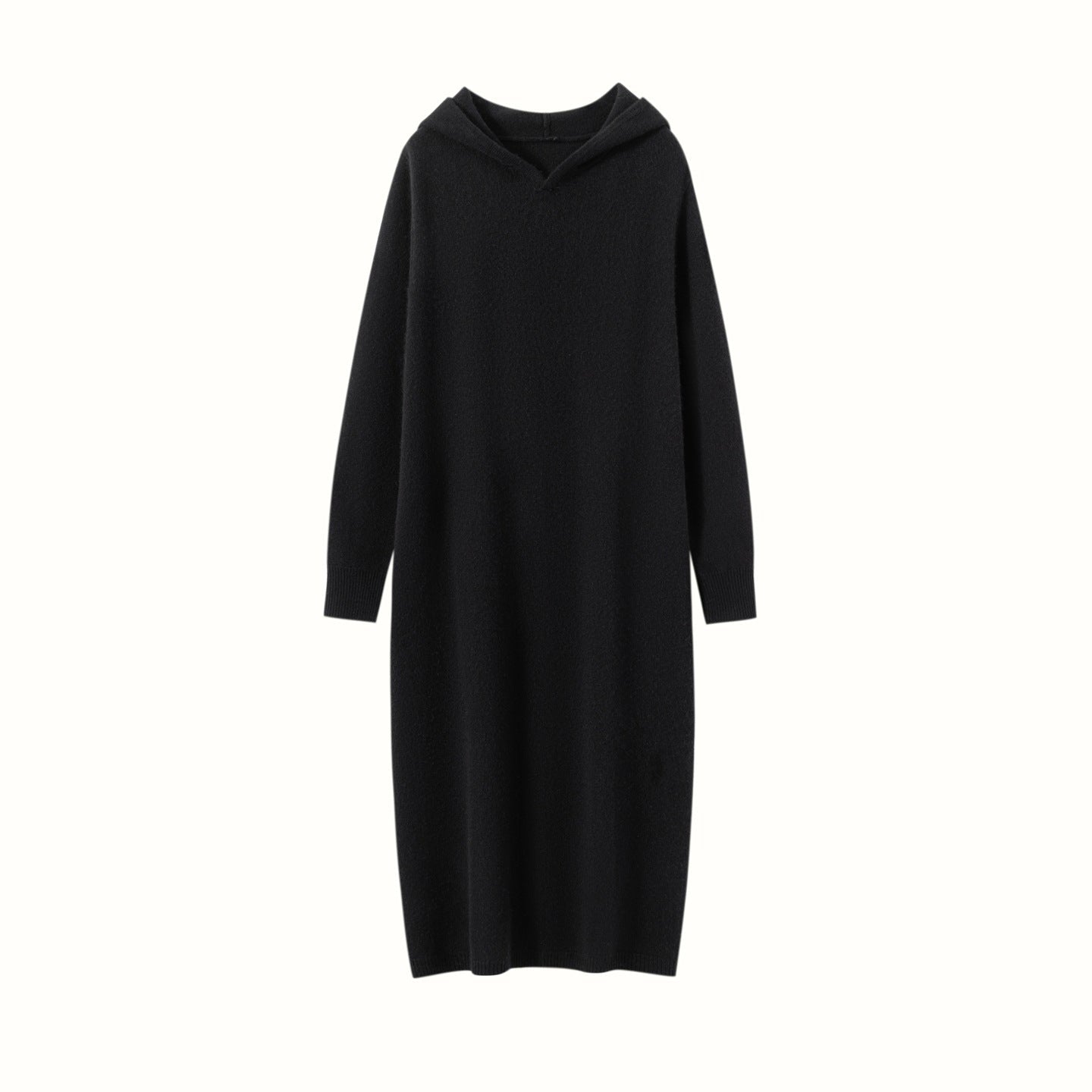 Womens Hooded Cashmere Sweater Dress Long Sleeve Cashmere Midi Dress Black XS