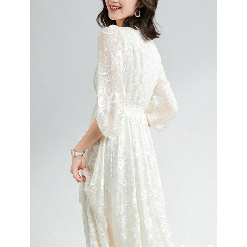 Womens Jacquard Lace Silk Maxi Dress Long Sleeve Silk Dress Ivory XS