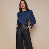 Women's Lantern Sleeve Silk Blouse Long Sleeves Silk Shirt Navy Blue XS