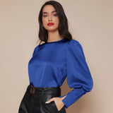Women's Lantern Sleeve Silk Blouse Long Sleeves Silk Shirt Navy Blue XS