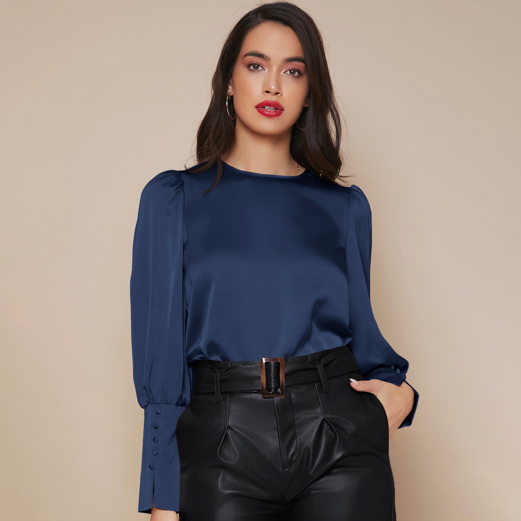 Women's Lantern Sleeve Silk Blouse Long Sleeves Silk Shirt Navy Blue XS