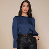 Women's Lantern Sleeve Silk Blouse Long Sleeves Silk Shirt Navy Blue XS