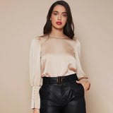 Women's Lantern Sleeve Silk Blouse Long Sleeves Silk Shirt Champagne XS