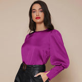 Women's Lantern Sleeve Silk Blouse Long Sleeves Silk Shirt Navy Blue XS
