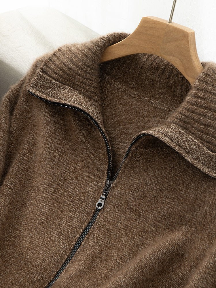 Womens Zip - Up Cashmere Knit Cardigan Fold - Over Collar Lapel Jacket