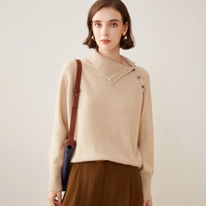 Lady Asymmetrical Buttoned Collar Cashmere Sweater Cashmere Pullover