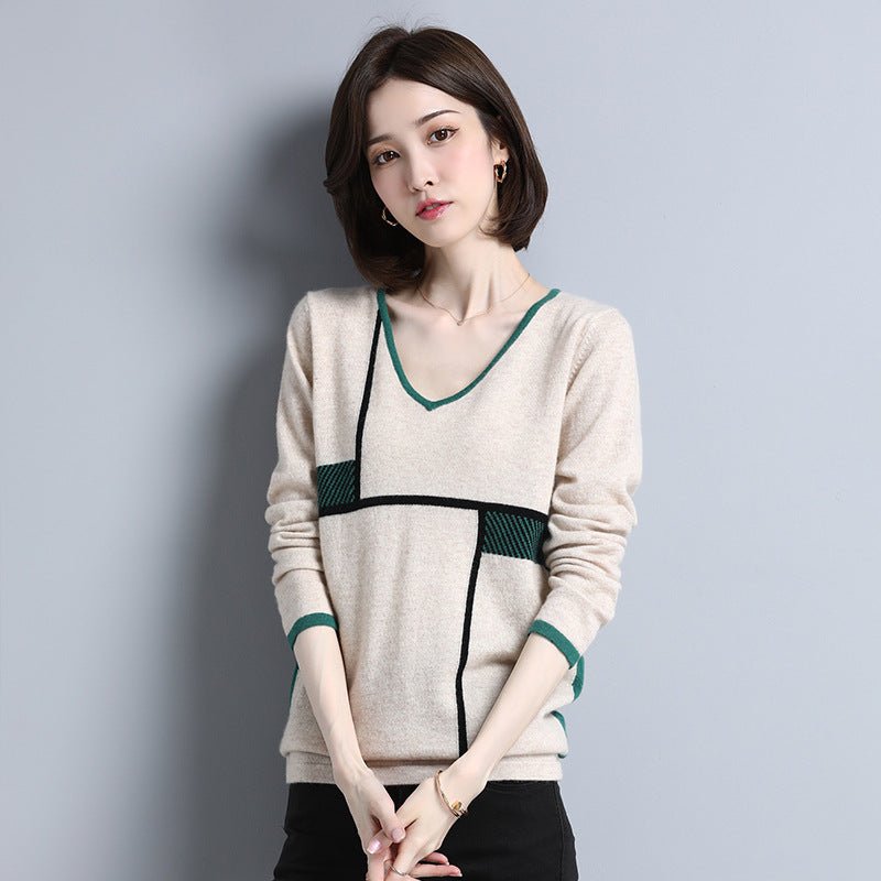 Womens Geometric Pattern V - Neck Long Sleeve Cashmere Sweater