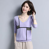 Womens Geometric Pattern V - Neck Long Sleeve Cashmere Sweater