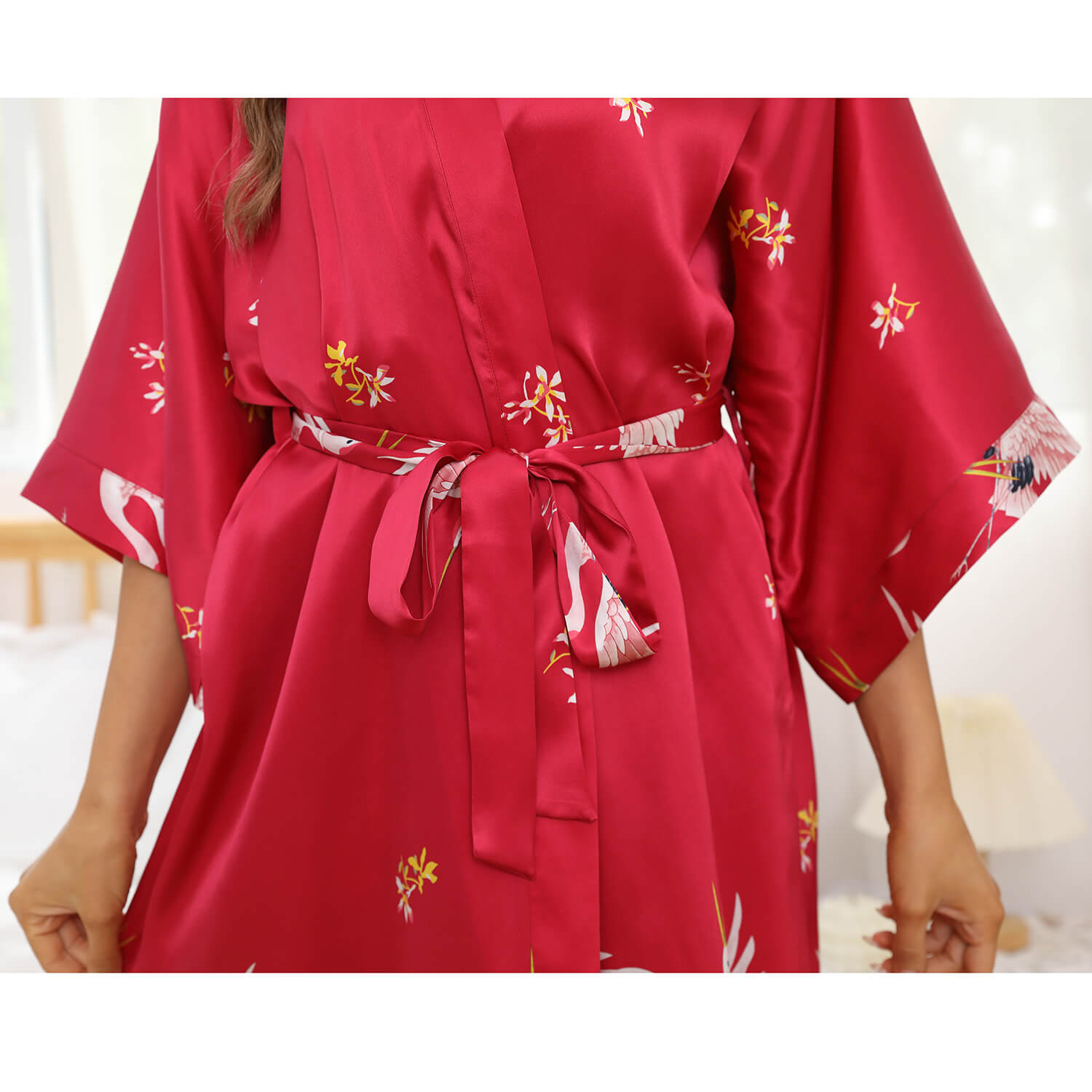 Womens Long Crane Print Silk Robes Mulberry Silk Kimono