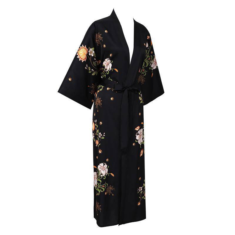 women's long floral pure silk Kimono Robes Silk Dressing Gown